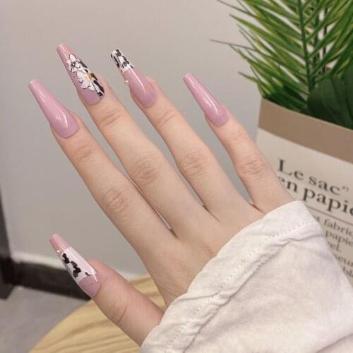 24pcs/box fake nails coffin with glue Flower Printed Pink Long Paragraph Fashion Manicure Save Time False Nail Press On for girl
