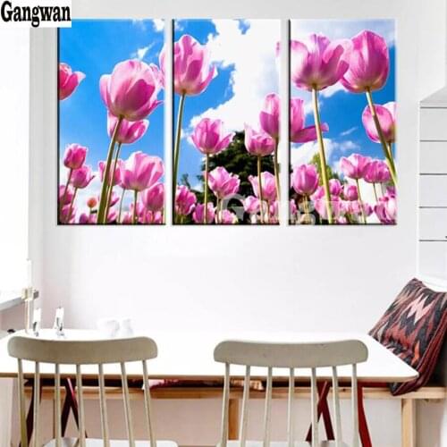 3 pcs Diamond Embroidery Flowers Rhinestones Pictures Full Display Diamond Painting Full Square Diamond Mosaic pink Tulip Kits