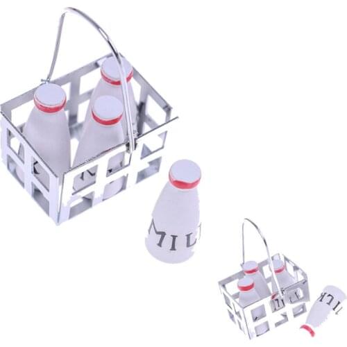 5pcs 1/12 Dollhouse Furniture Miniature 1 Metal Milk Basket with 4pcs Bottles Set Dolls House Kitchen Porch Dolls Accessories