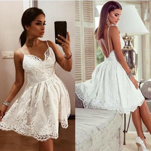White V Neck Cocktail Dresses Spaghetti Strap Sexy Backless Party Dress A Line Knee Length Women Mini Women Homecoming Dresses