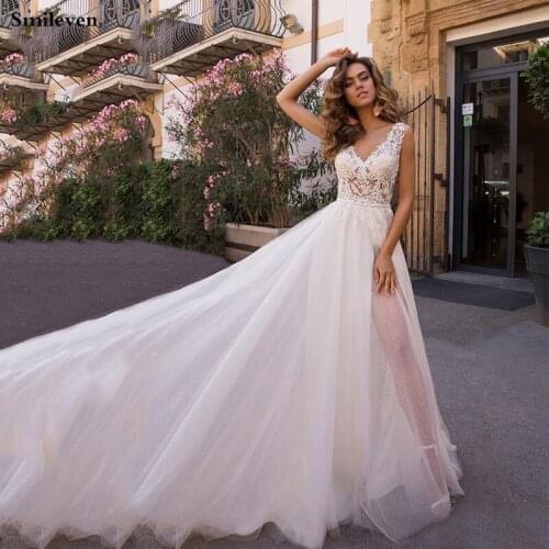 Smileven Boho Shinny Wedding Dress 2020 A Line Princess Bride Dresses Appliqued Lace Wedding Gowns Vestido De noiva