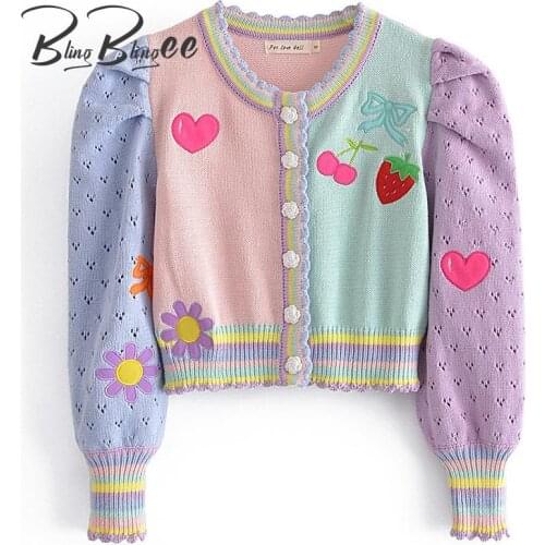 BlingBlingee Za 2021 Autumn Woman Crop Tops Y2K Sweet Girls Heart Embroidery Pointelle Sleeves Patchwork Knit Cardigan Sweaters