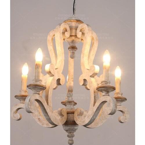 Large wooden chandelier 6 light vintage white loft/nordic chandelier for bedroom kitchen church living room wooden light fixture