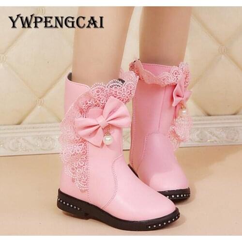 2019 Autumn Winter Children Soft PU Leather Boots Girls Lace Bow Princess Boots Thick Warm Fur Girls Martin Boots