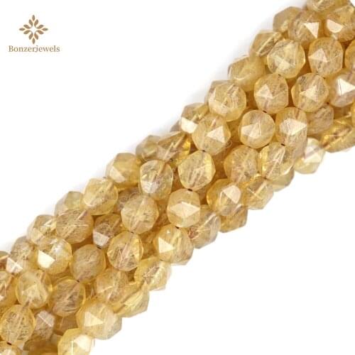 Diamonds Natural Stone Faceted Yellow Cherry Quartzs Loose Spacer Star Cut Polygon Beads For Jewelry Making DIY 15" Strand