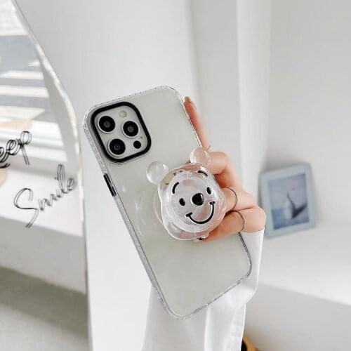 Cute Cartoon Bear Smile Stand Holder Phone Cases on For iPhone 12 Mini 11 Pro XS Max X XR 7 8 Plus Transparent Soft Airbag Case