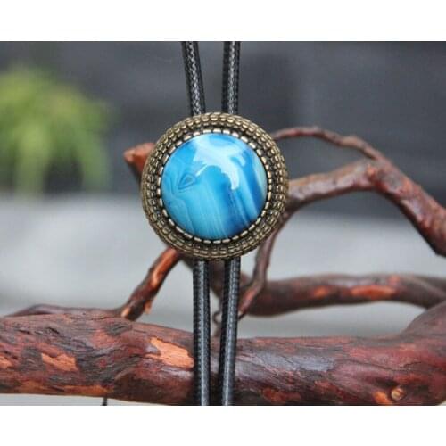 Handmande ! Vintage Western Cowboy Mens BOLO Tie Slide Clip Blue Agate High Quality Polyester Rope