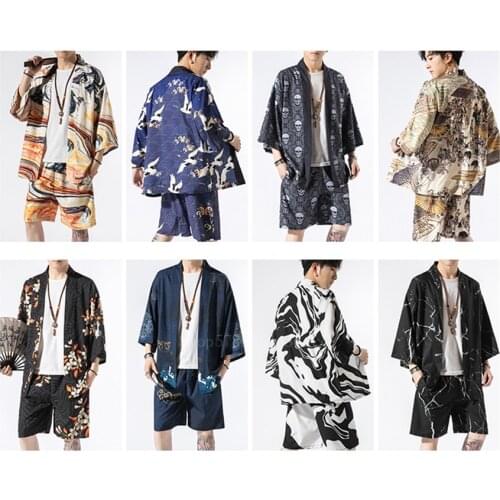 2PCS Men Japanese Harajuku Style Kimono Jacket Summer Ukiyo-e Printed Sunscreen Beach Wear Male Casual Coat Haori Streetwear
