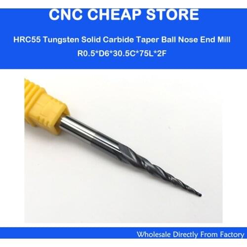 2pcs-R0.5*D6*30.5*75L*2F HRC55 Tungsten solid carbide Coated Tapered Ball Nose End Mills taper and cone CNC milling cutter Bit