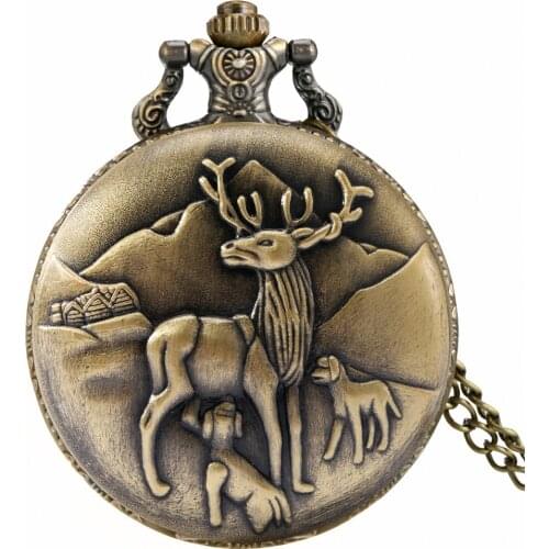 Retro Bronze Elk Case Digital White Dial Antique Pocket Watch Women Men Necklace Chain Quartz Watch Vintage Clock Birthday Gift