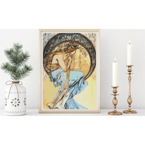 2021 Popular DIY Artwork Alphonse Mucha Woman Embroidery Kit Stitches with 100% Cotton Flosses & Free Shipping for Home Decor
