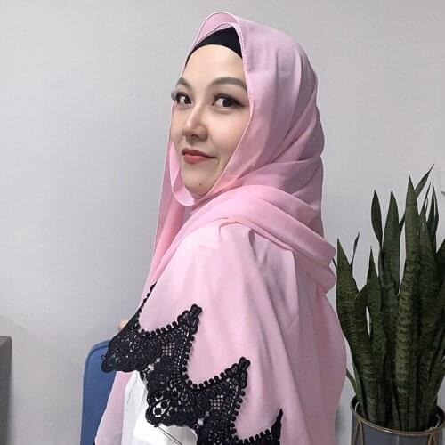 New Bubble Heavy Chiffon Wrap With Black Embroidered Lace Shawls Solider Color Shawls Headband Muslim Hijabs Scarves/Scarf