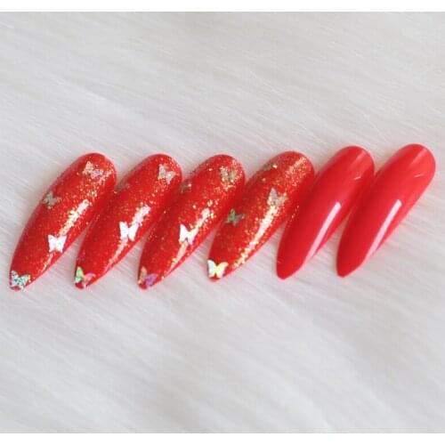 24pcs Crystal False Nails Pointed Rhinestones Long Stiletto Acrylic Artificial Nail Art Tips red