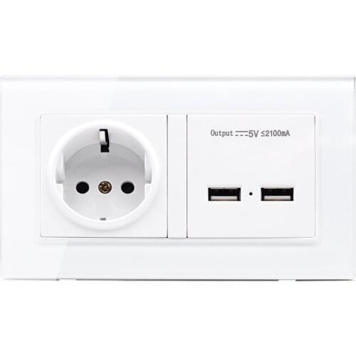 Wall Socket Eu Standard Power Outlet With Dual Usb Smart Induction Charge Port For Mobile 2.1a Crystal Glass Panel