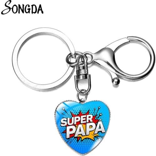 Newest Dad Printed Keychain I Love My Papa Trendy Art Photo Glass Heart Pendant Alloy Keyring Holder for Mens Handcraft Gift