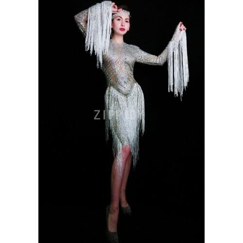 2019 New Sparkly Silver Stones White Tassel Strech Dress Womens Prom Celebrate Outfit Bar Evening Women Dancer Fringes Dress