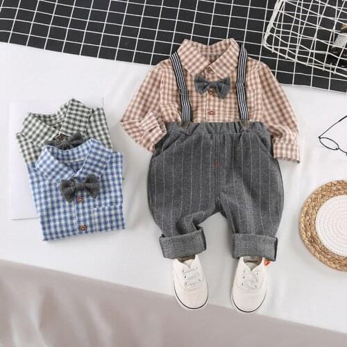 Baby boy clothes spring/autumn gentleman bow tie plaid shirt bib 2-piece suit boy cotton suit childrens clothing suit for baby
