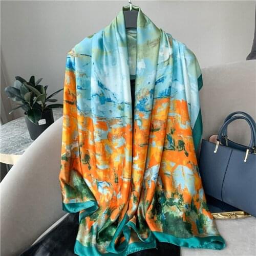 Women Silk Scarf Foulard Hijab Pashmina Shawls and Wraps Fashion Print Satin Bufanda Female Beach Stoles Soft Headscarf