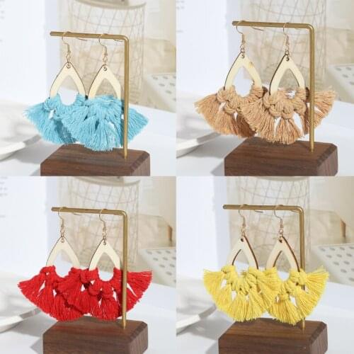 Dvacaman Boho Ethnic Colorful Macrame Tassel Earrings for Women Vintage Wood Cotton Thread Fringed Dangle Earrings Jewelry Party