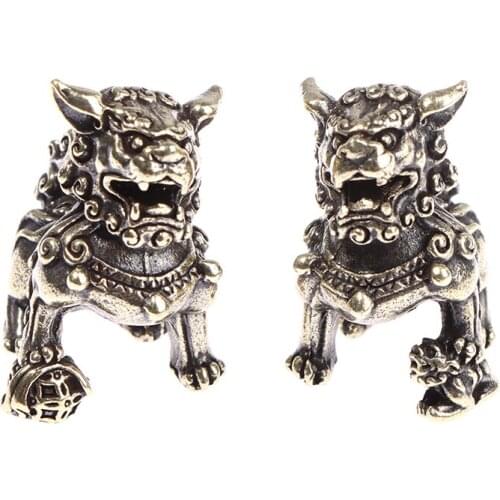 2Pc Pure Copper Lucky Lion King Figurines Antique Bronze Miniatures Desk Chinese Animals Statue Home Feng Shui Decor