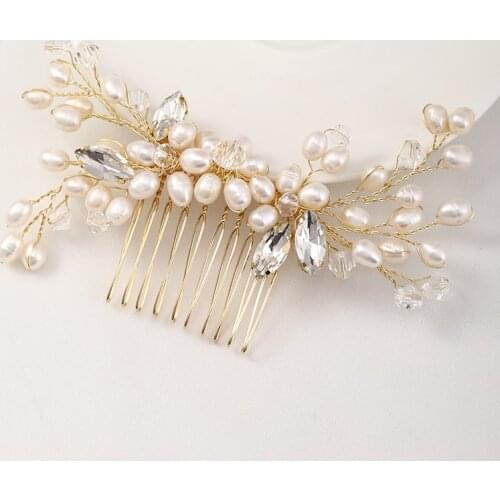AiliBride Wedding Golden Pearl Hair Comb Hair Accessories Rhinestone Bride Headdress Queen Tiara Bridal hair jewelry Accessories