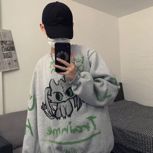 Large size Harajuku sweatshirt male student trend hiphop loose cartoon print on clothes autumn and winter ins jacket streetwear