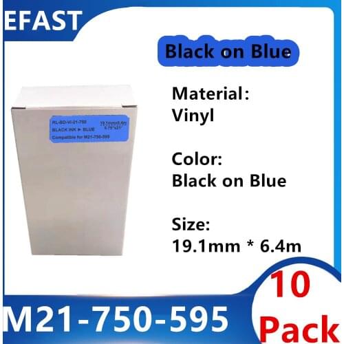 10 Pack bmp21 M21 750 595 Vinyl Label Ribbon maker black on blue For BMP21 PLUS bmp21 LAB Printer M21-750-595 19.1mm * 6.4m