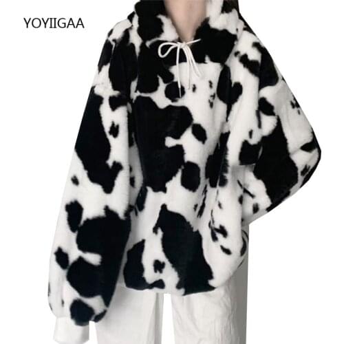 Cow Printed Women Hoodies Autumn Winter Kawaii Female Hooded Sweatshirt Casual Warm Ladies Girls Hoodies Tops Oversized Pullover