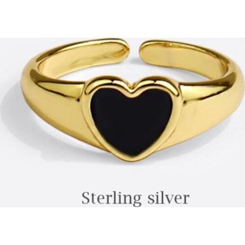 Sole Memory Black Drip Glaze Heart Cute 925 Sterling Silver Female Resizable Opening Rings SRI902