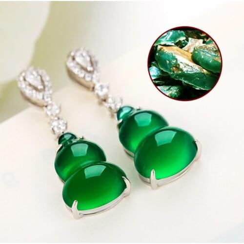 925 Sliver Emerald Jade Jewelry Gourd Earrings Natural Green Agate Chalcedony Gemstone Drop Garnet Diamond for Women