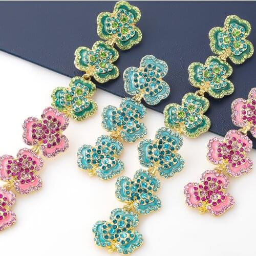 JIJIAWENHUA 2021 New Trend Rhinestone Multicolor Clover Shape womens Earrings Temperament Fashion Jewelry Accessories