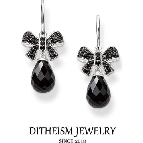 Black Bowknot Water Drop Swan Neck Earrings, 2018 New Bow Knot Fashion Jewelry Trendy 925 Sterling Silver Gift For Women