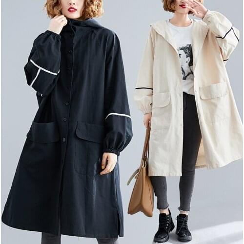 Casual plus size trench coat women long section autumn style loose Solid color single breasted cardigan hooded Windbreaker D214
