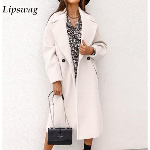 Autumn Long Sleeve Solid Cardigan Winter Turn-down Collar Woolen Coats Women Elegant Double Breasted Button Office Tops Outwear