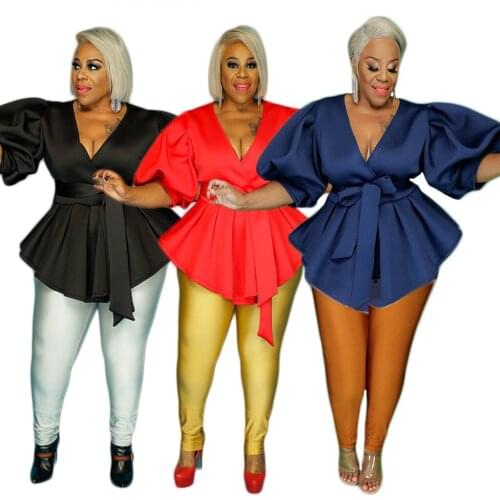 XL-4XL Plus Size Bow Tied Pleated Tops for Women Deep V Neck Lantern Sleeve Plus Size Top Office Lady Solid Waist Shaped Tops