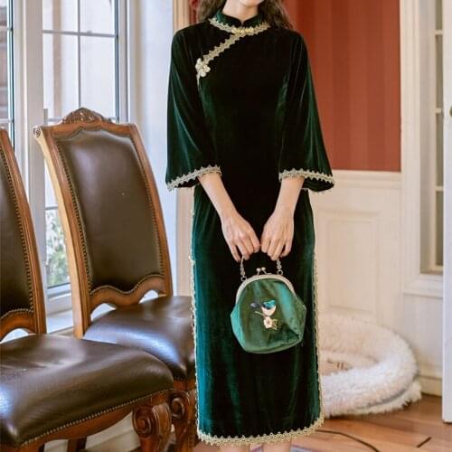 SWEETXUE Vintage Velvet Cheongsam Dress New Women Long Sleeve Slim Side Split Party Dresses Elegant Qipao 2020 New