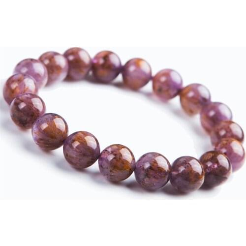 11mm Natural Genuine Gold Purple Cacoxenite Titanium Rutilated Quartz Crystal Round Bead Stretch Bracelet