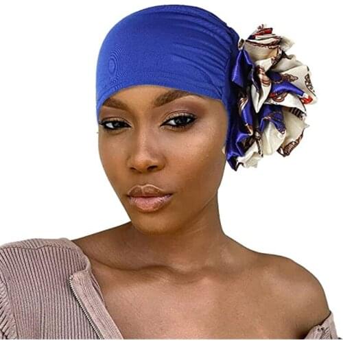 2021 Muslim Fashion Women Hijab Bonnet Big Flower Elastic Turban Africa Head Scarf Wrap Hair Loss Chemo Cap Hat Blue