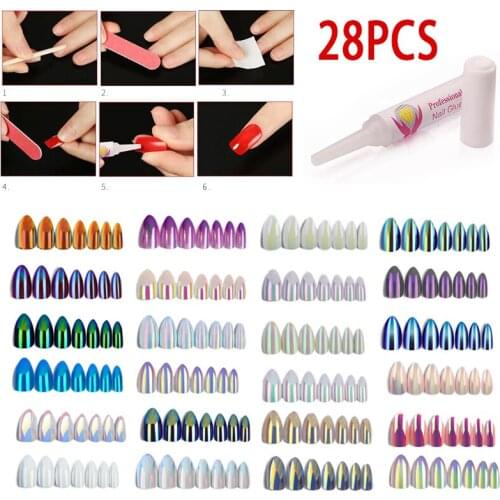 28pcs False Nails Metallic Holographic False Nails With Glue Nail Chip Extensions Artificial Nail Art Accessories
