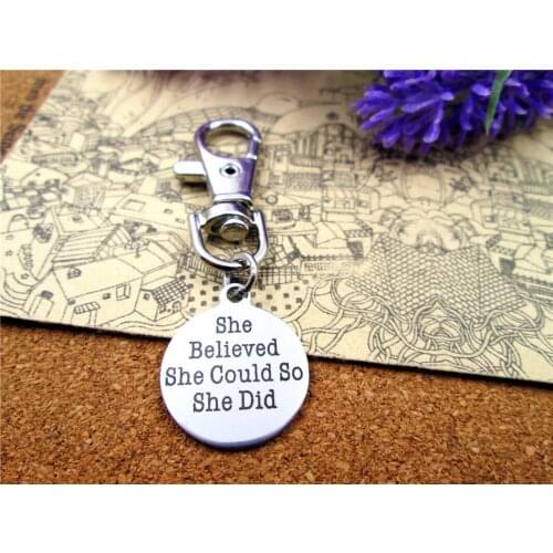 3pcs/lot high quality keychain with 20mm stainless steel circle round "she believed she could so she did" charms keychain