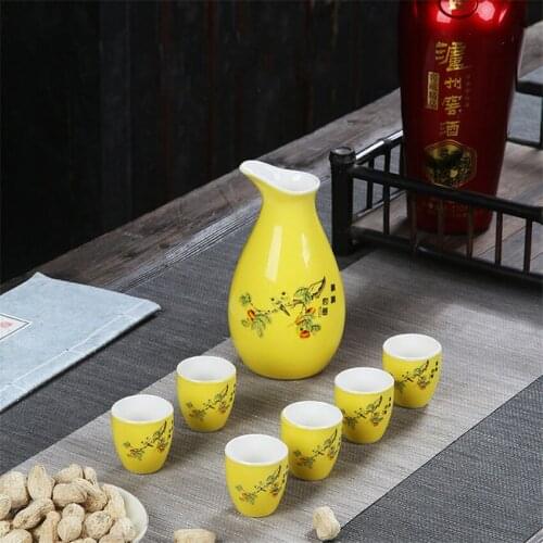 7pcs/set Ceramic Sake Pot Cups Set Flagon Liquor Cup Spirits Cups Set Japanese Bar Wine Set Flower Text Pattern Creative Gifts