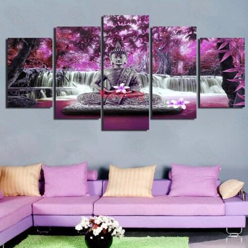 Kufwkey Diamond Painting Buddha Purple Personality Art Living Room Decoration Sofa Background 3D Stereo Wall 5 Panel Landscape