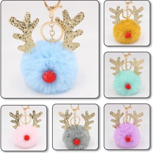 Christmas Reindeer Antler Keychain Pom Pom Ball Glitter Keyring White Colorful 1 Piece Key Chain Gift