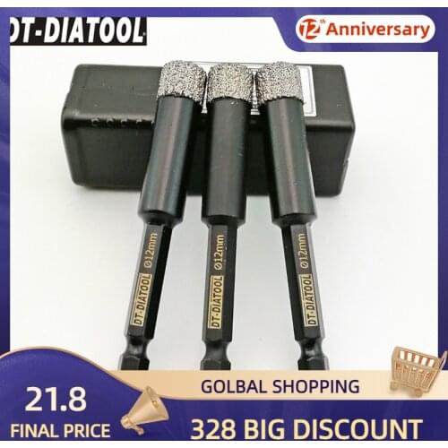 DT-DIATOOL 3pcs Dia 12mm Vacuum Brazed Quick-fit Shank Diamond Drilling Bits Dry Hole Saw For Granite Marble Tile Ceramic Stone