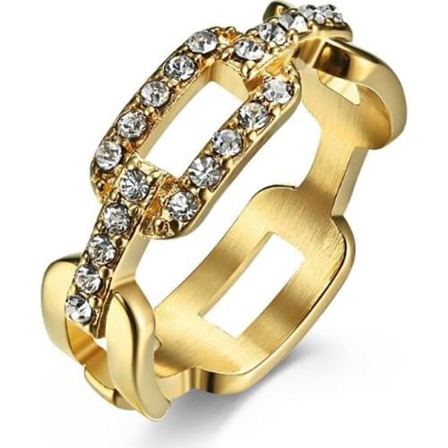 Stainless Steel Hip Hop Gold Crystal Stone Chain Shaped Ring Jewelry Gift For Him Size 5-9