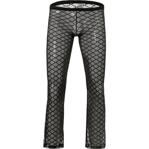 Fashion Grid Fishnet Men Sexy See Through Lounge Pants Gay Male Funny Sheer Long Pajama Bottoms Comfortable Sleep Bottoms