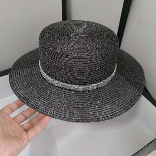 Fashion PVC Hats For Women Fedoras-Top Hat Paper Straw Hat Summer Visor Caps Ladies Sun Beach Hats With Letter M Brick Belt
