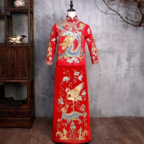 New arrival male red cheongsam Chinese style costume the groom dress jacket long gown traditional Chinese wedding Qi pao for men