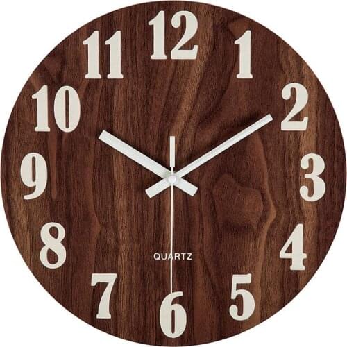 Original 12 Inch Brown Night Light Function Wooden Wall Clock Vintage Rustic Country Tuscan Style For Kitchen Office Home Silent