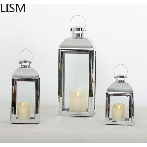 Nordic Gold Glass Candle Holders Large Outdoor Wedding Table Decoration Stainless Steel Wind Lamp Candle Lantern Candelabra New